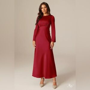 NWOT AW Bridal Ginevra Dress, Long Sleeve Maxi Satin Dress, Size 4, Deep Claret